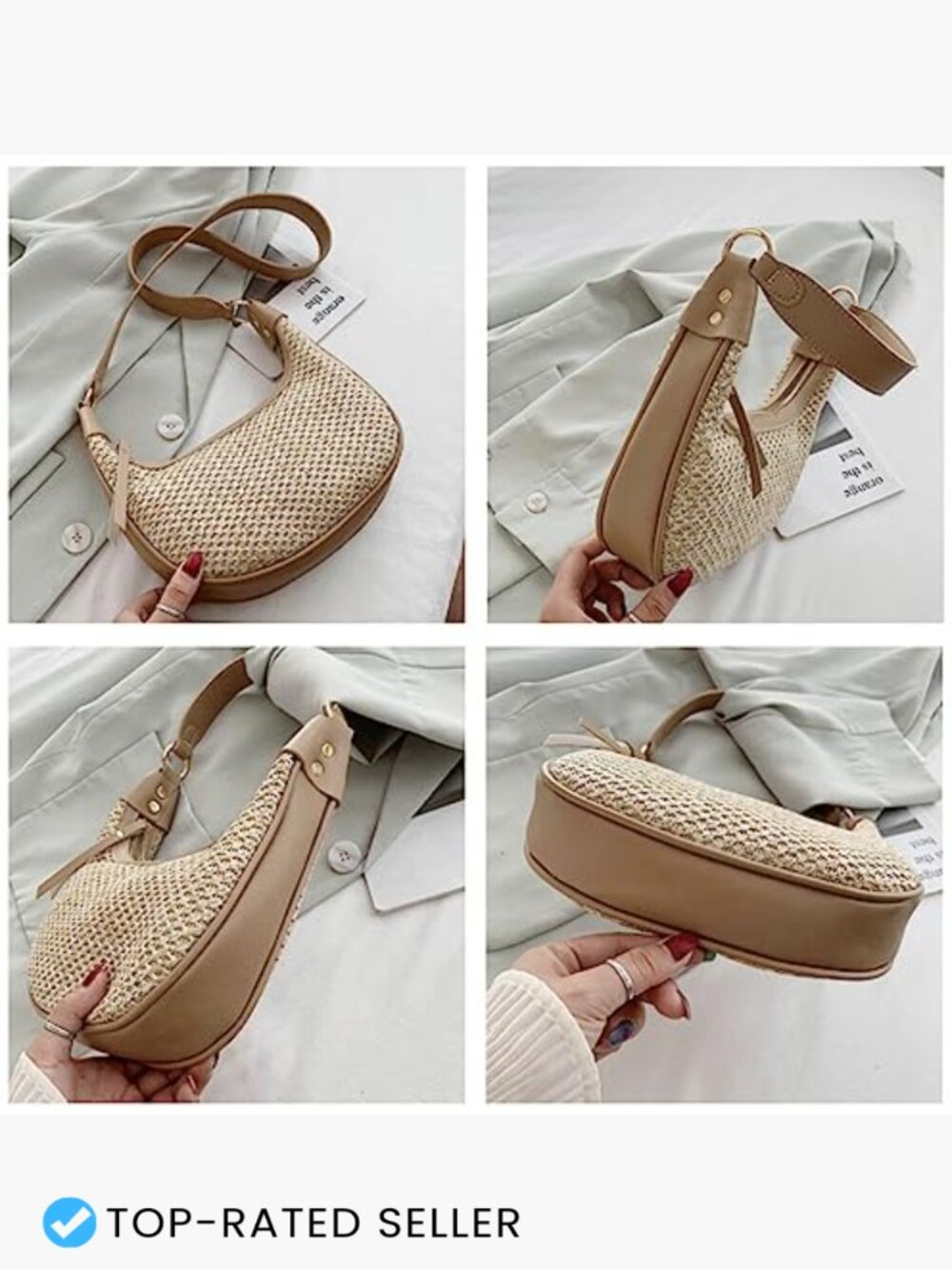 Natural Straw Tote Bag Handwoven Beach Bag Summer Retro Crossbody Shoulder Hobo - Picture 5 of 7